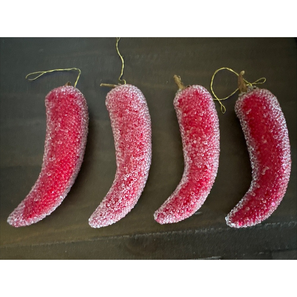 VINTAGE Red Chili Pepper Beaded Christmas Holiday‎ Ornaments Red Green Set of 4